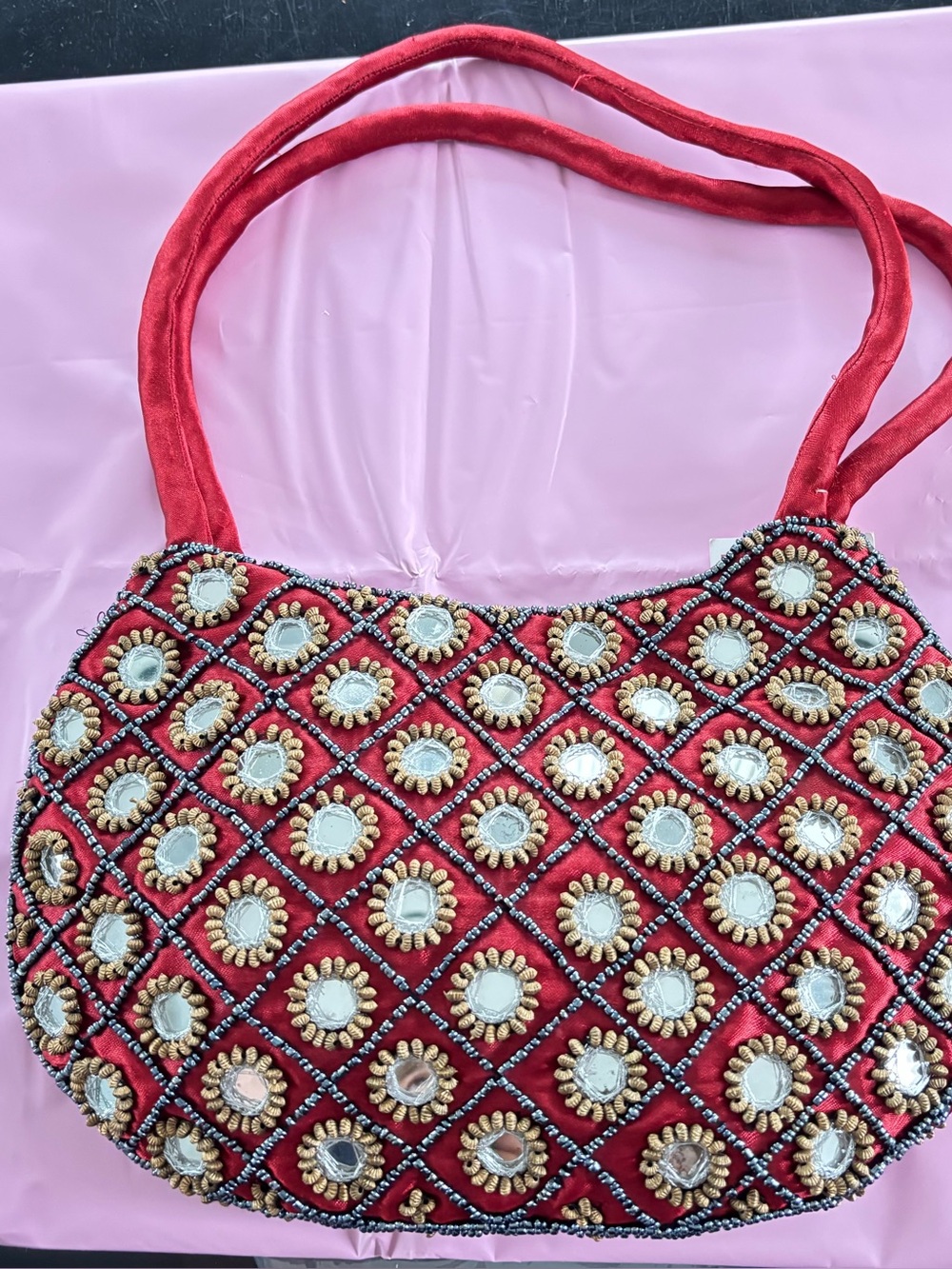 Embellished Red Mirror Work Shoulder Bag